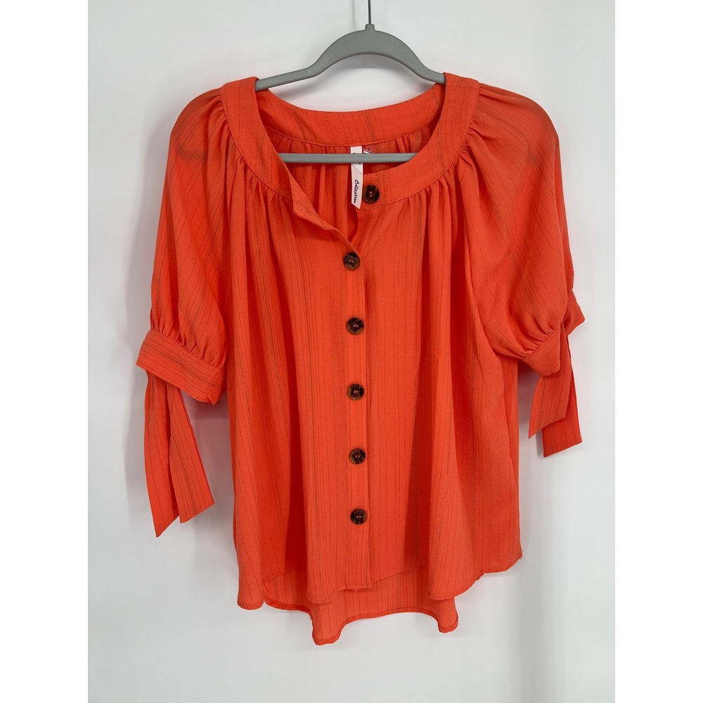 NY Collection Orange Metallic Pinstripe Tie Sleeve Button Down Blouse Small